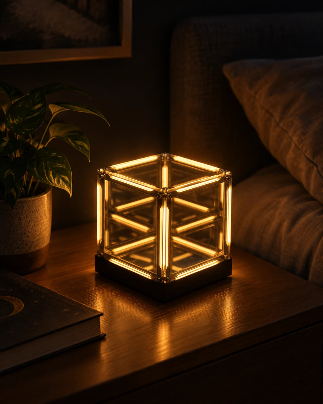 Cordless glowing cube on a bedside table at night