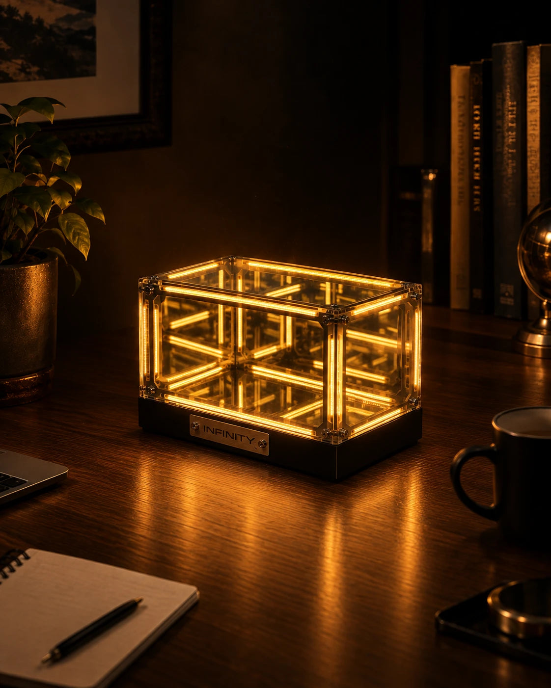 Infinity Box on a desk at night, warm light