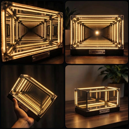 Infinity Box warm light: endless tunnel, close-ups and on a desk