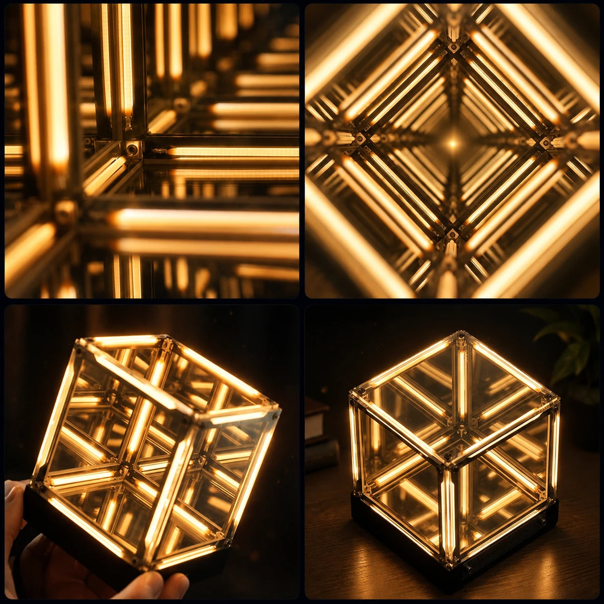 Infinity Cube: endless tunnel of warm light, close-ups and on a desk