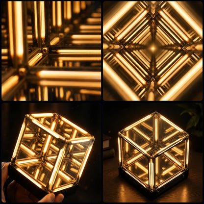 Infinity Cube: endless tunnel of warm light, close-ups and on a desk