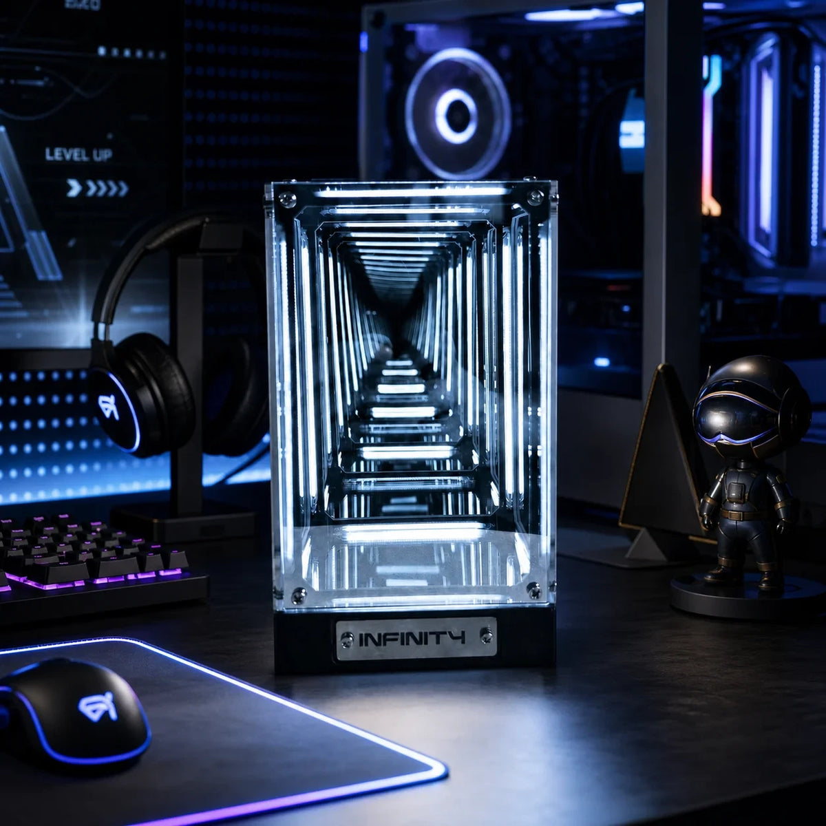 Infinity Tower on a gaming desk, white light