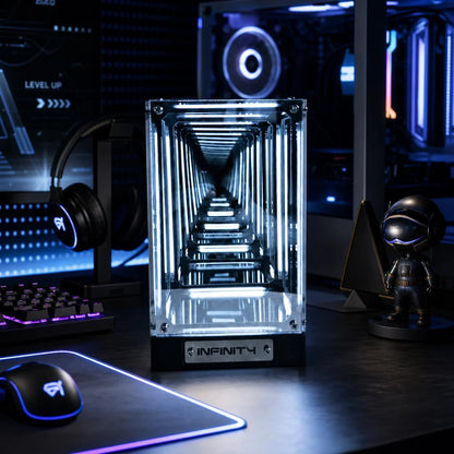 Infinity Tower on a gaming desk, white light