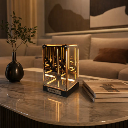 Infinity Tower on a coffee table, warm light