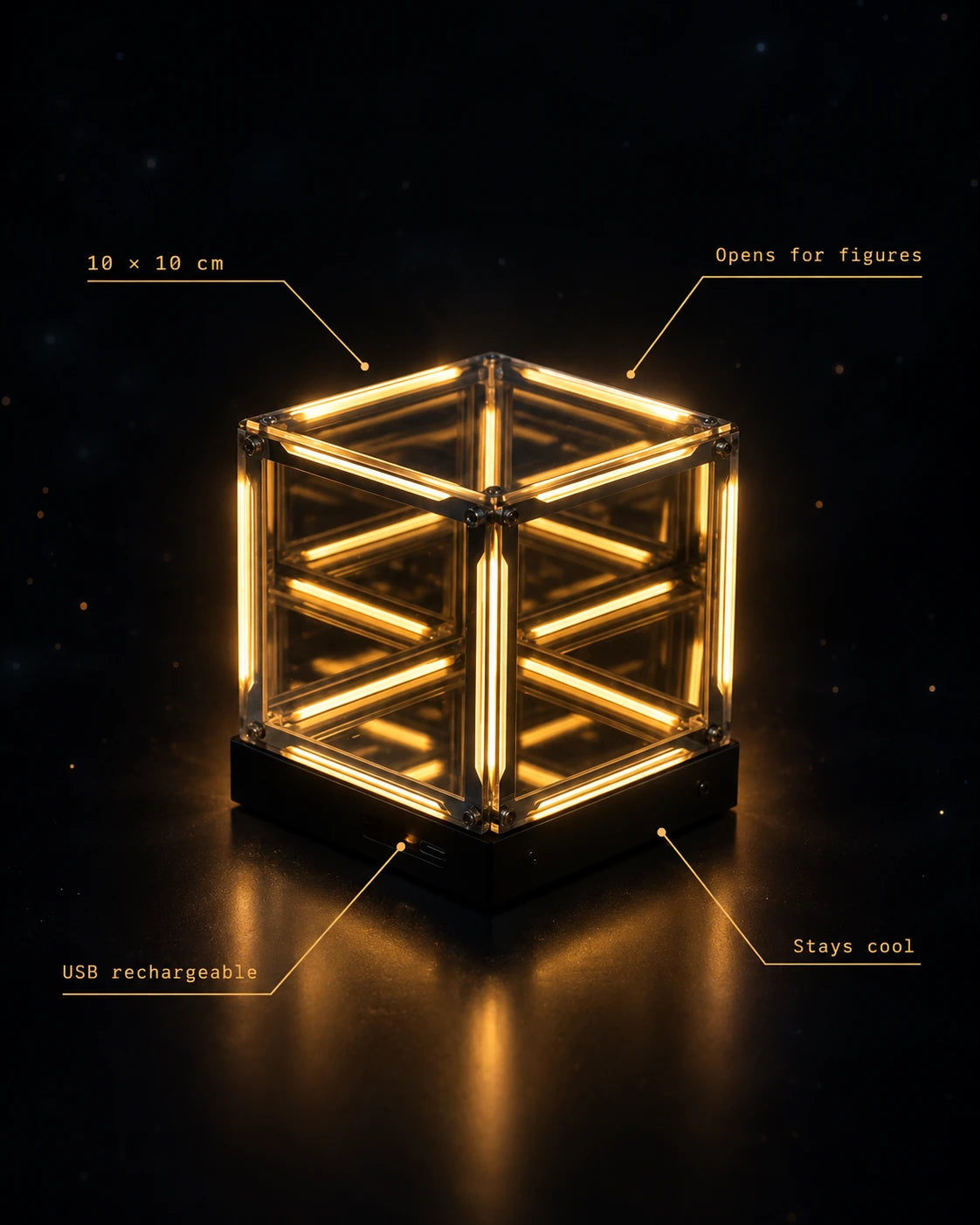 Glowing infinity cube with labels: 10 × 10 cm, opens for figures, USB rechargeable, stays cool
