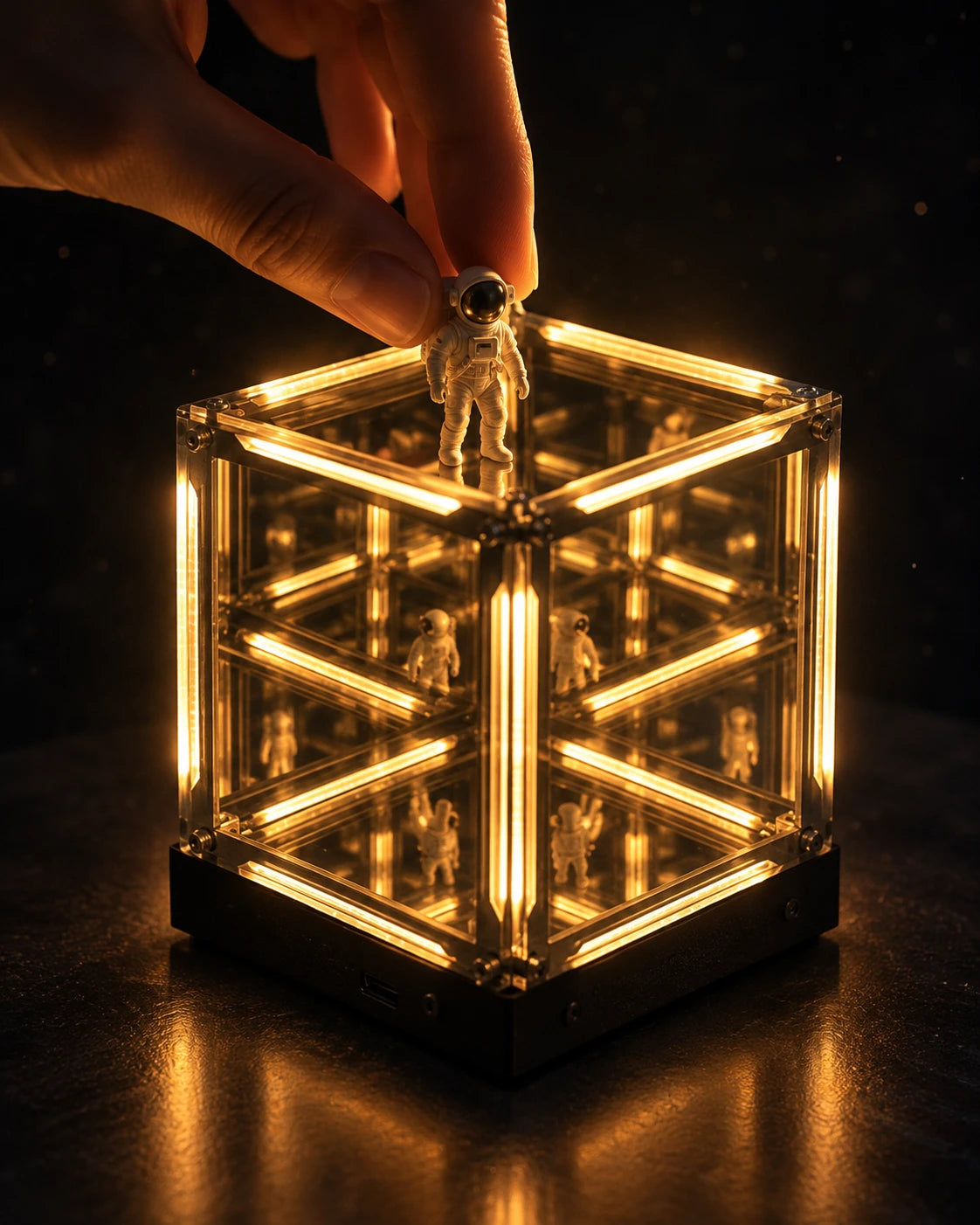 Hand placing a small astronaut figure inside the glowing cube, its reflection repeating into infinity