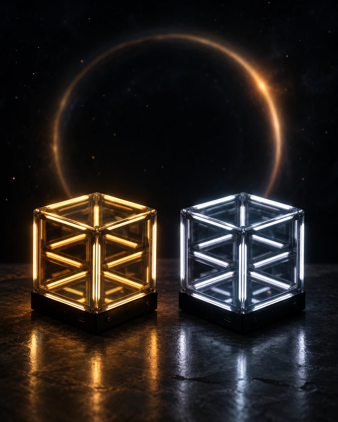 Two infinity cubes side by side, one glowing warm gold and one cool white